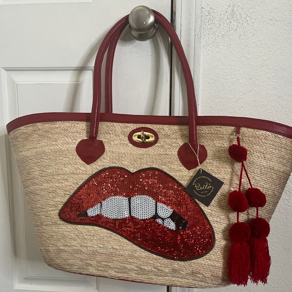 $208 By Del Rio Straw Tote Bag Women Red NEW Sequined Lips Tassel Pom Pom Large